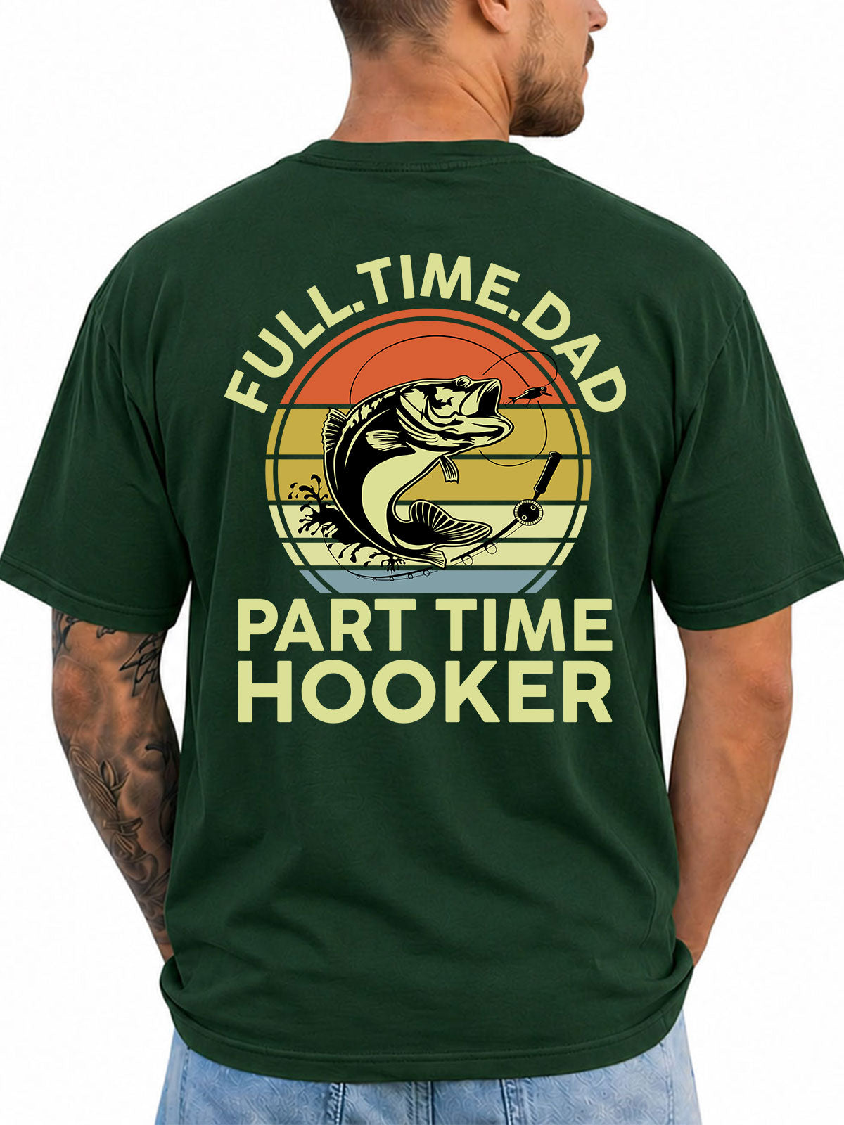 Forest Green T-shirt back with retro bass and fishing-dad hooker joke graphic