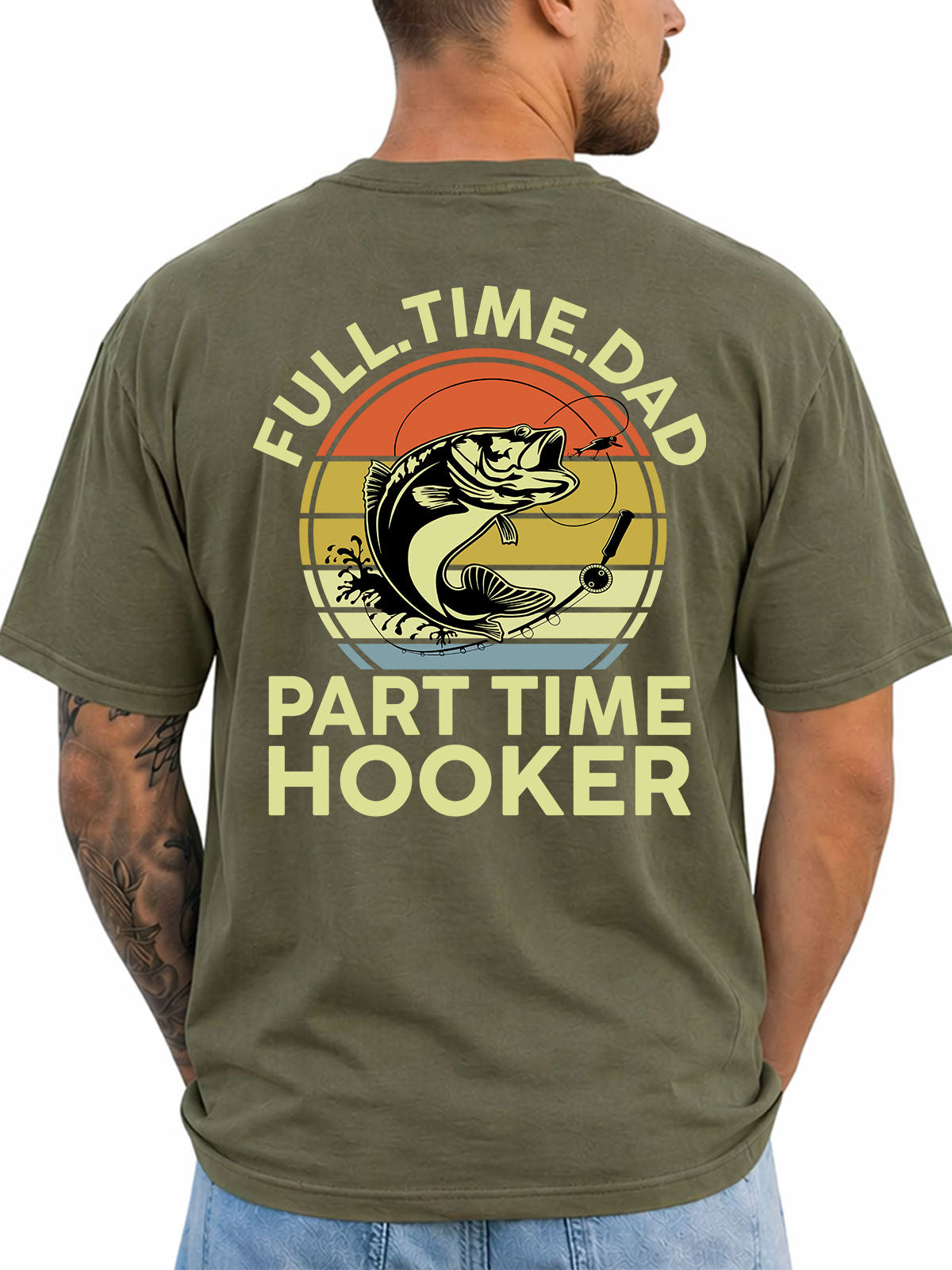 Military Green T-shirt back with retro bass and fishing-dad hooker joke graphic