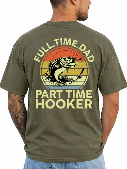 Military Green T-shirt back with retro bass and fishing-dad hooker joke graphic