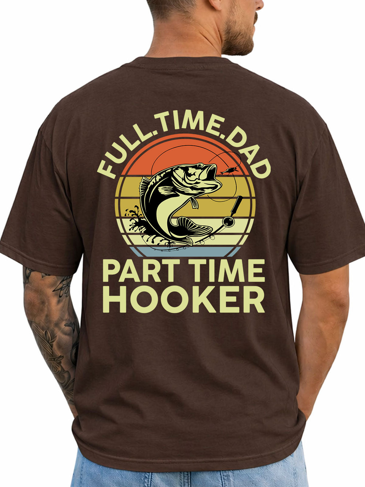 Dark Chocolate T-shirt back with retro bass and fishing-dad hooker joke graphic