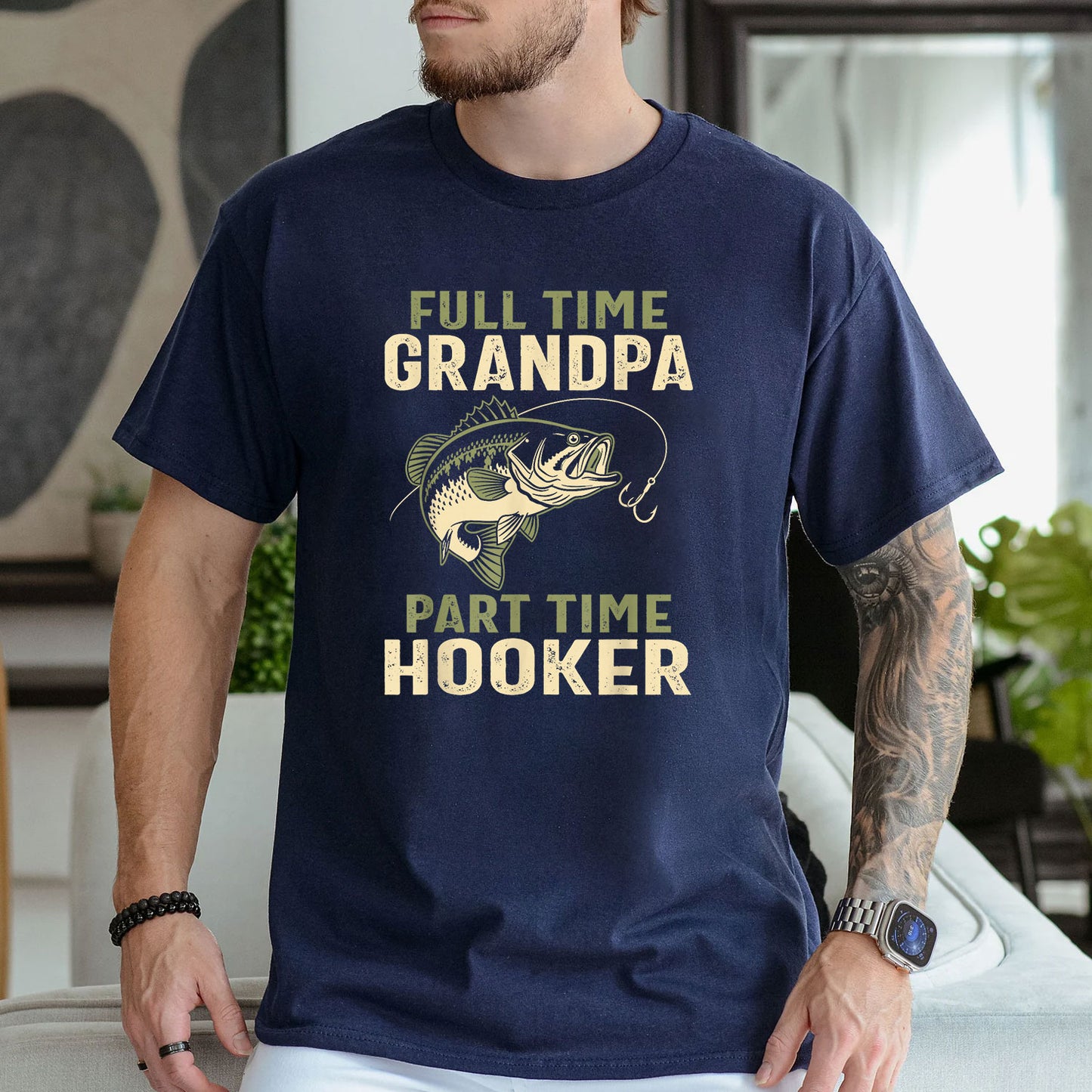 Dark Heather T-shirt front with distressed grandpa fishing joke with bass-style fish and hook