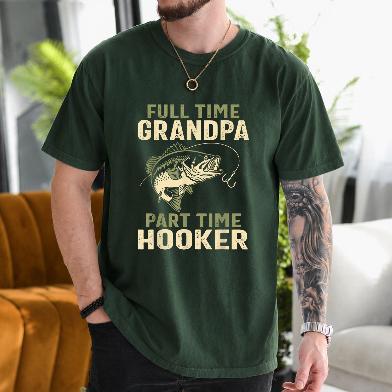 Military Green T-shirt front with distressed grandpa fishing joke with bass-style fish and hook
