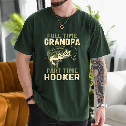 Military Green T-shirt front with distressed grandpa fishing joke with bass-style fish and hook