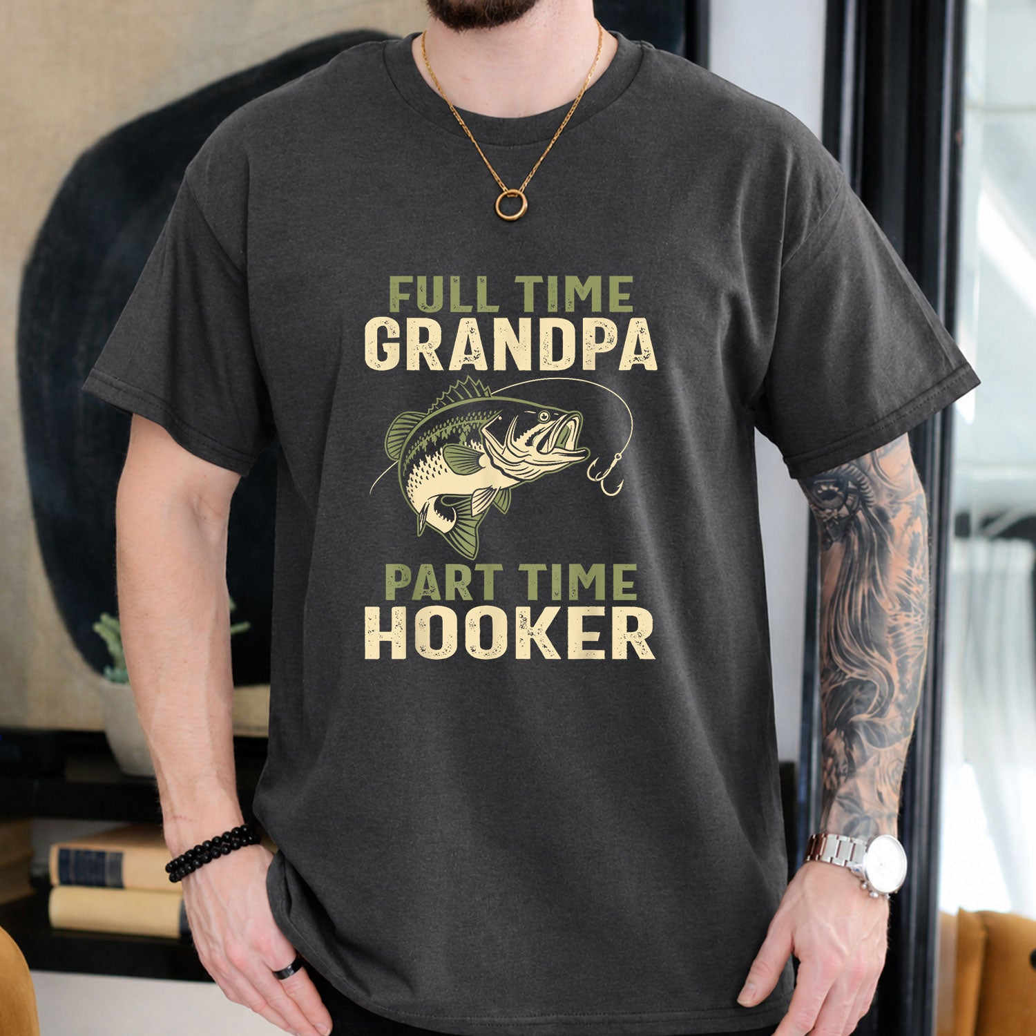 Dark Chocolate T-shirt front with distressed grandpa fishing joke with bass-style fish and hook