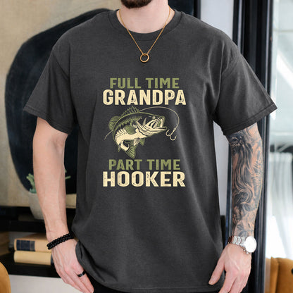 Dark Chocolate T-shirt front with distressed grandpa fishing joke with bass-style fish and hook