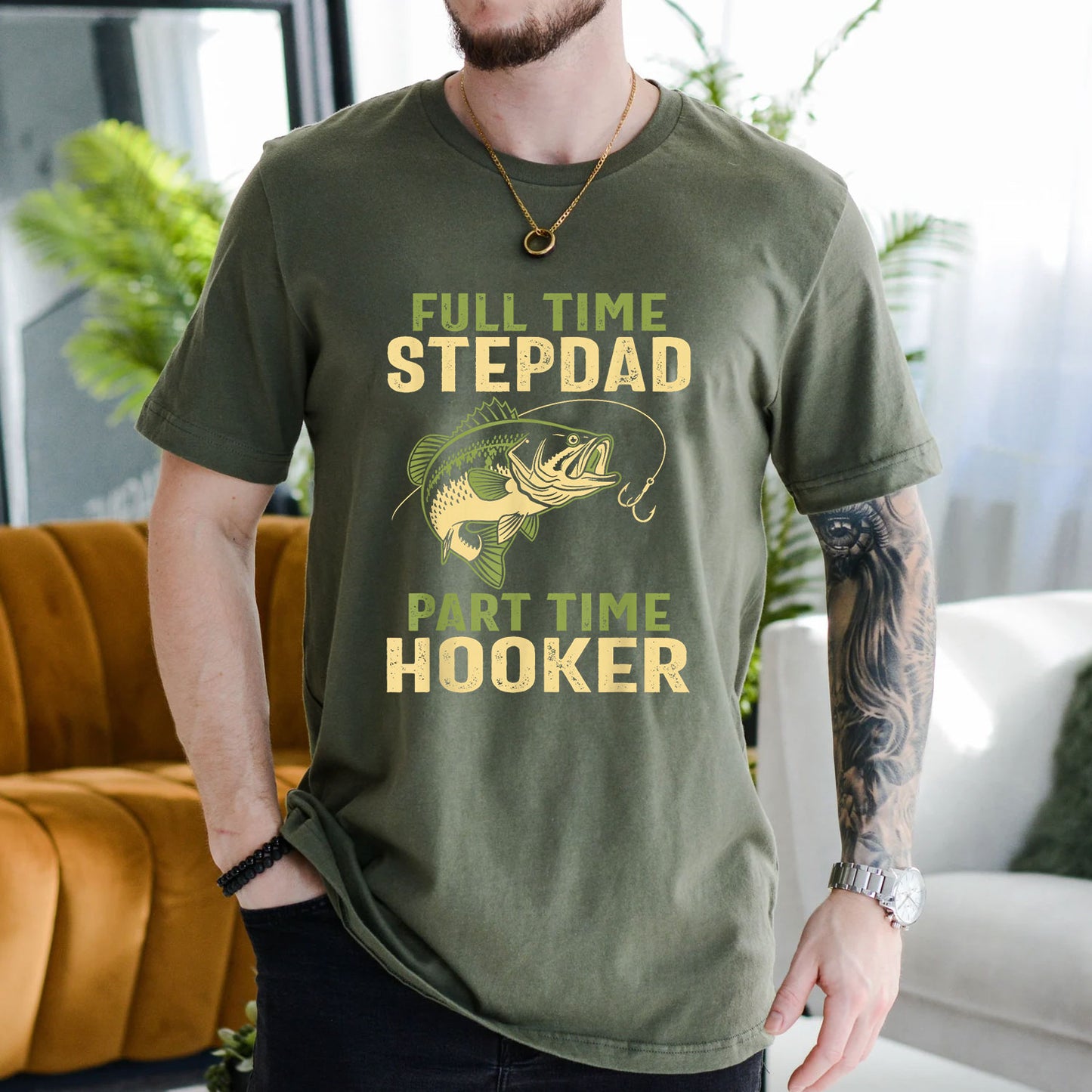 Navy T-shirt front with bass and Full-Time Stepdad Part-Time Hooker front graphic