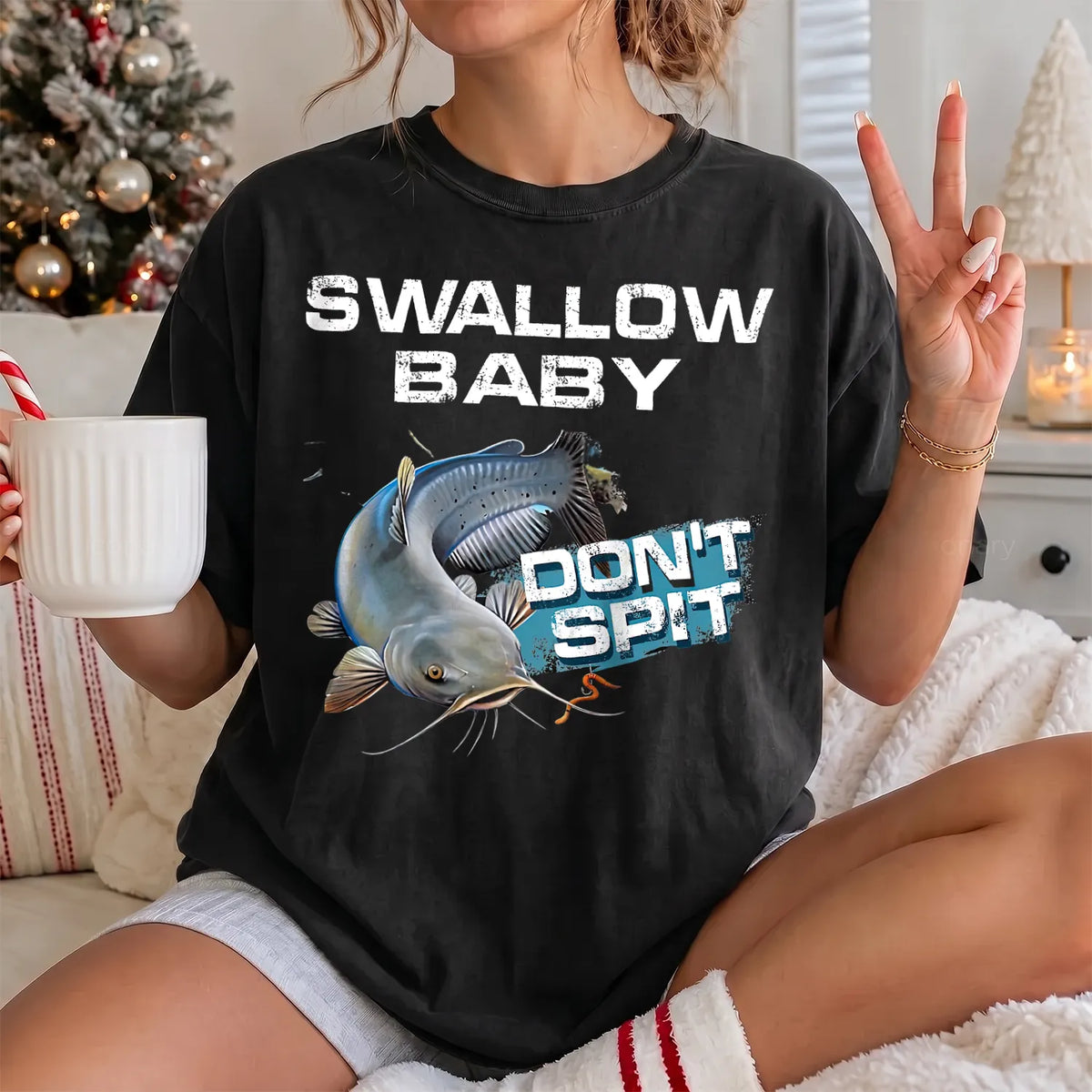 Funny Catfish Fishing T-Shirt Women model in Black