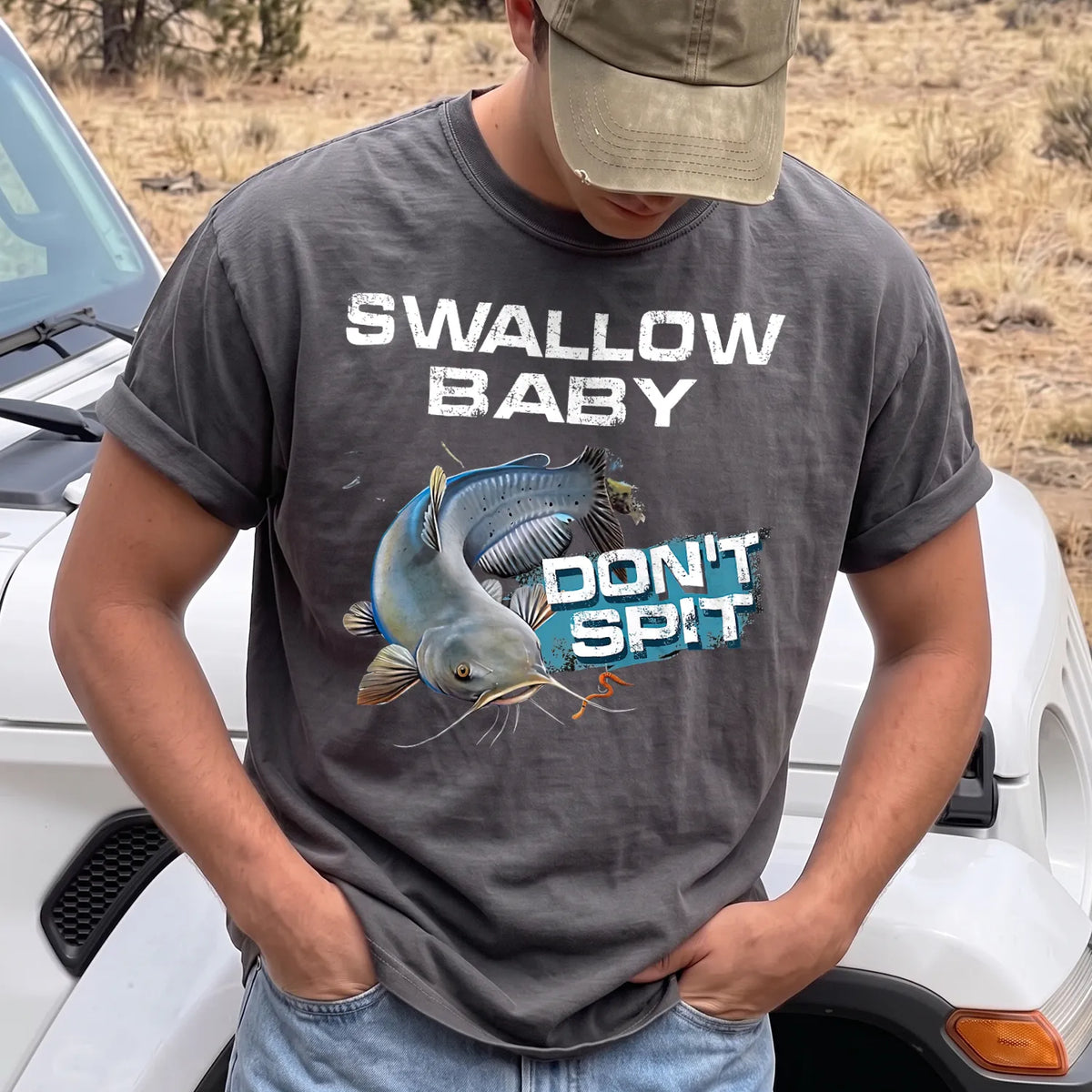 Funny Catfish Fishing T-Shirt Men model in Pepper