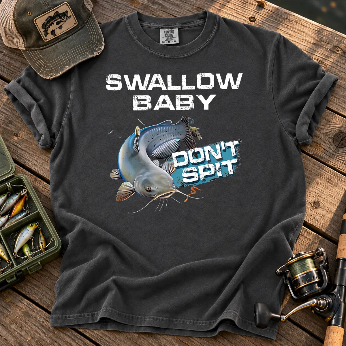 Funny Catfish Fishing T-Shirt in Pepper