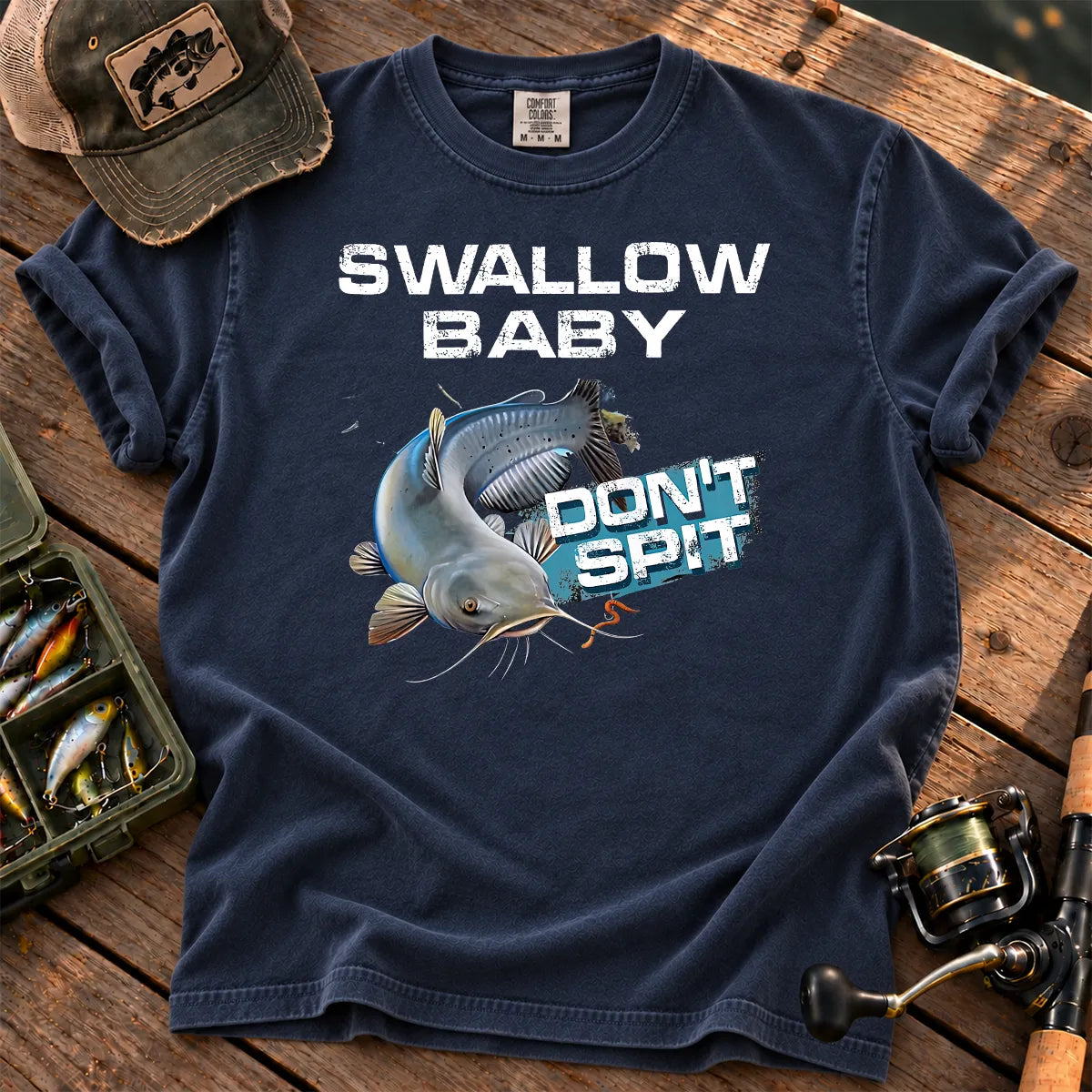 Funny Catfish Fishing T-Shirt in True Navy