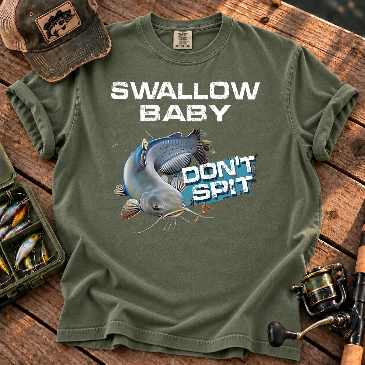 Funny Catfish Fishing T-Shirt in Moss