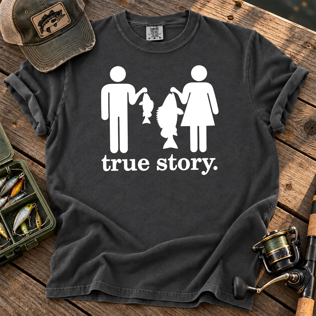 Funny Fishing True Story T-Shirt in Pepper