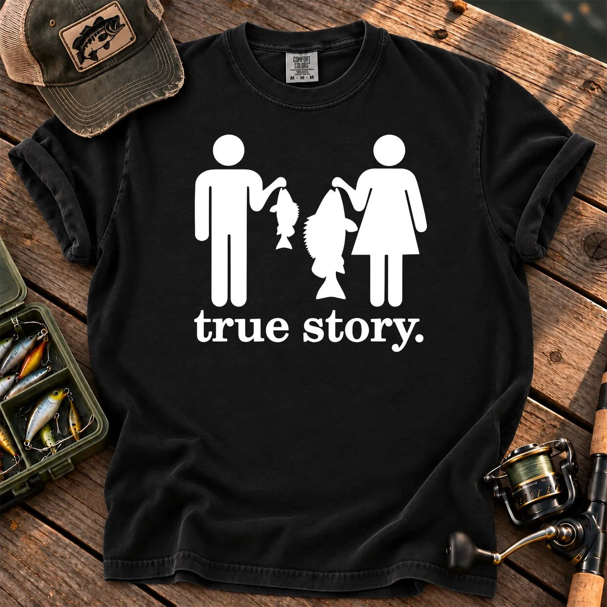 Funny Fishing True Story T-Shirt in Black