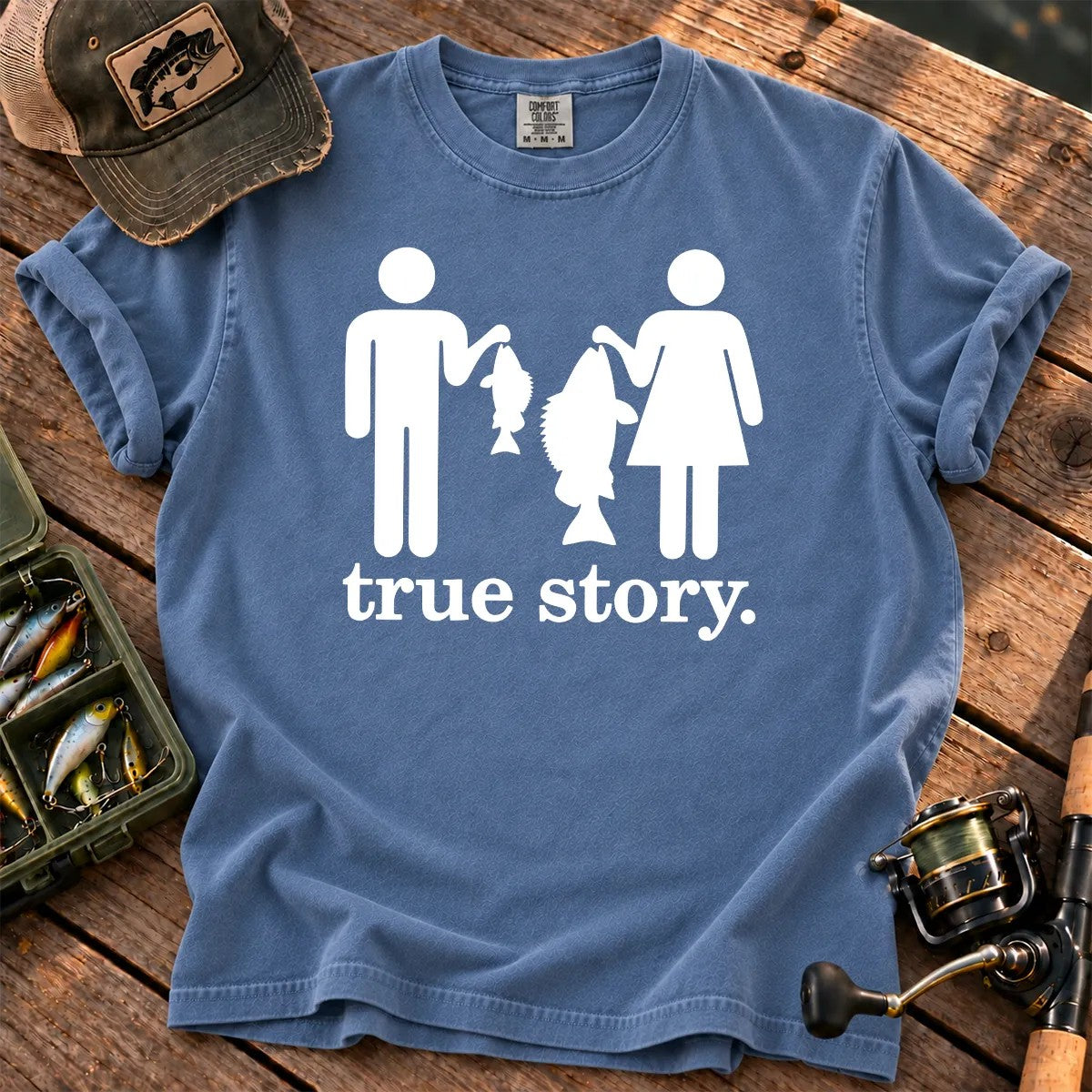 Funny Fishing True Story T-Shirt in Blue Jean