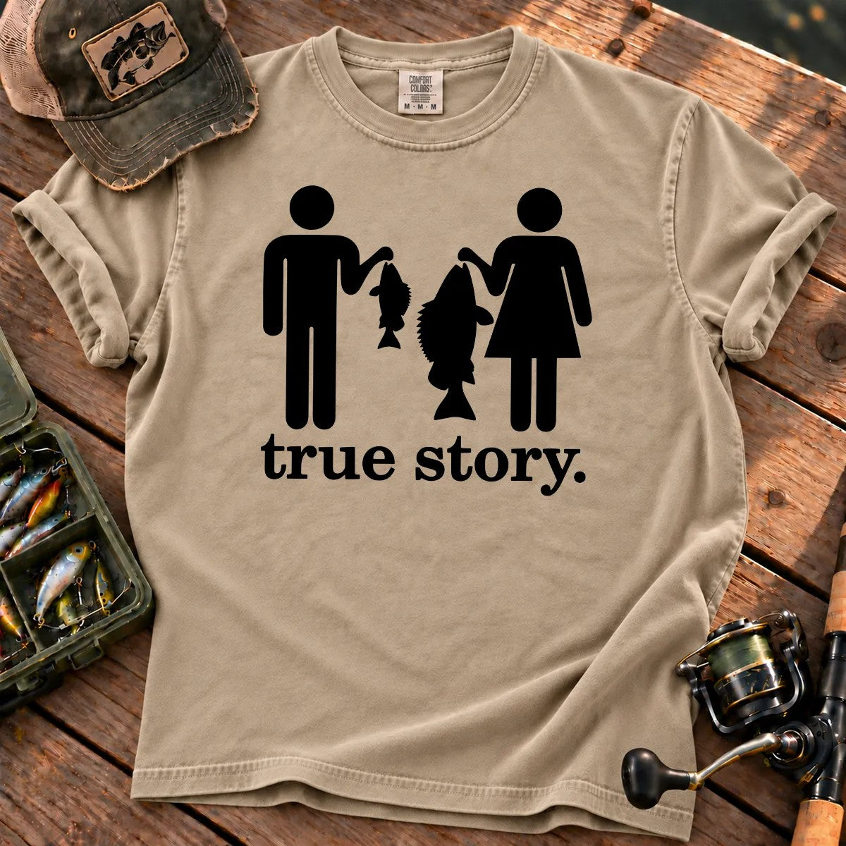 Funny Fishing True Story T-Shirt in Sandstone