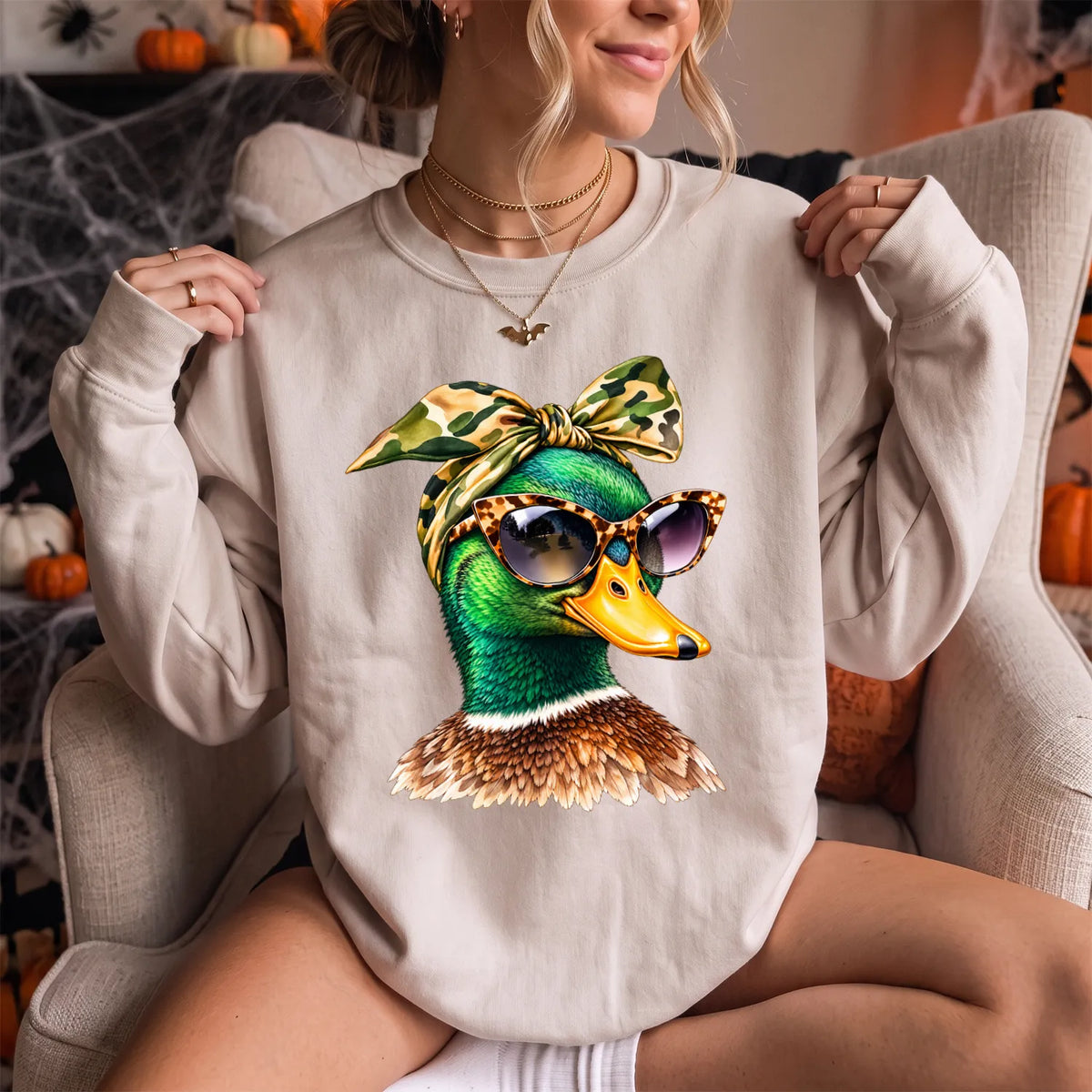 Funny Glam Mallard Duck Sweatshirt Women model in Sand