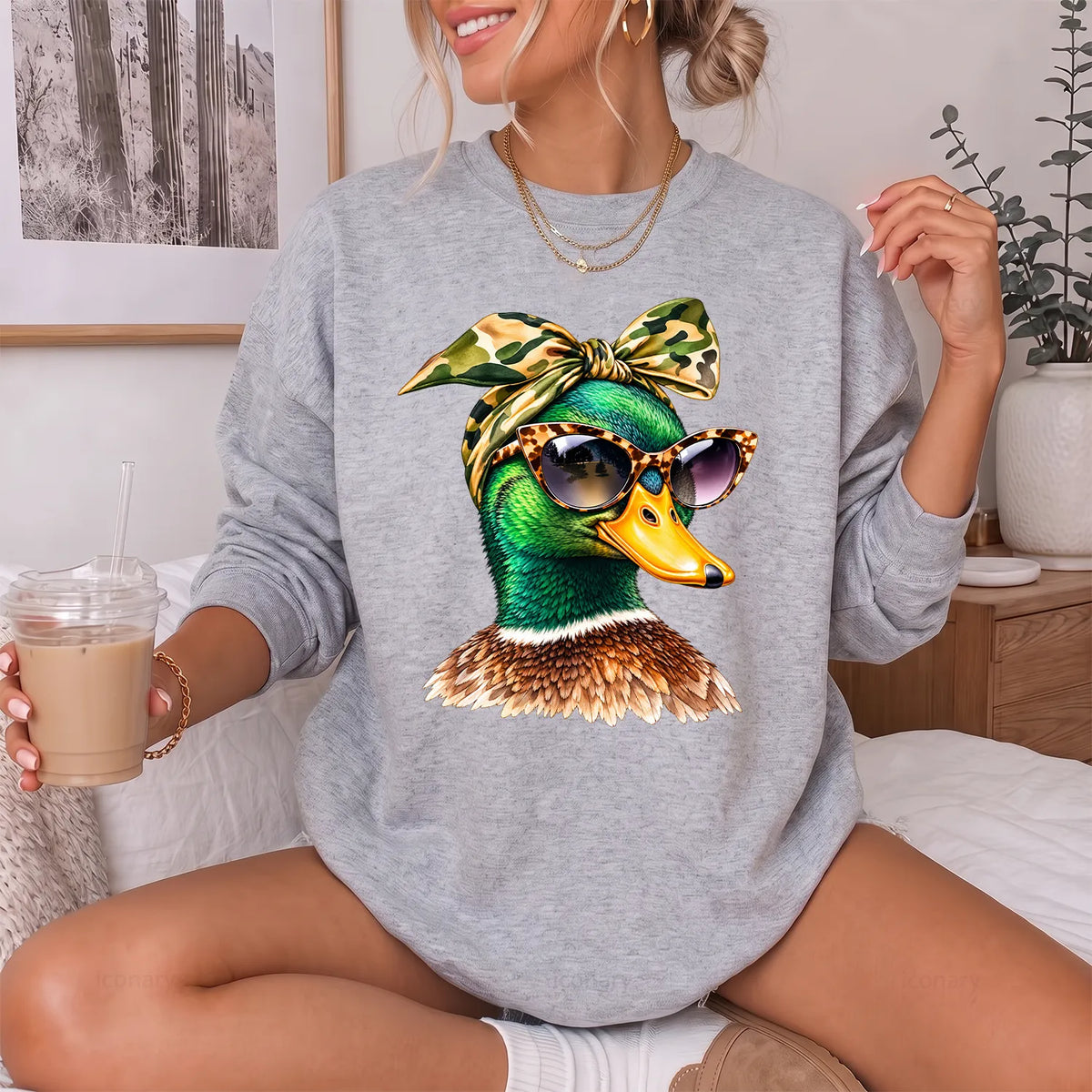 Funny Glam Mallard Duck Sweatshirt Women model in Sport Grey