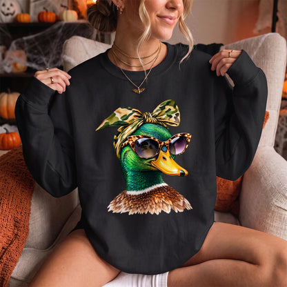 Funny Glam Mallard Duck Sweatshirt Women model in Black