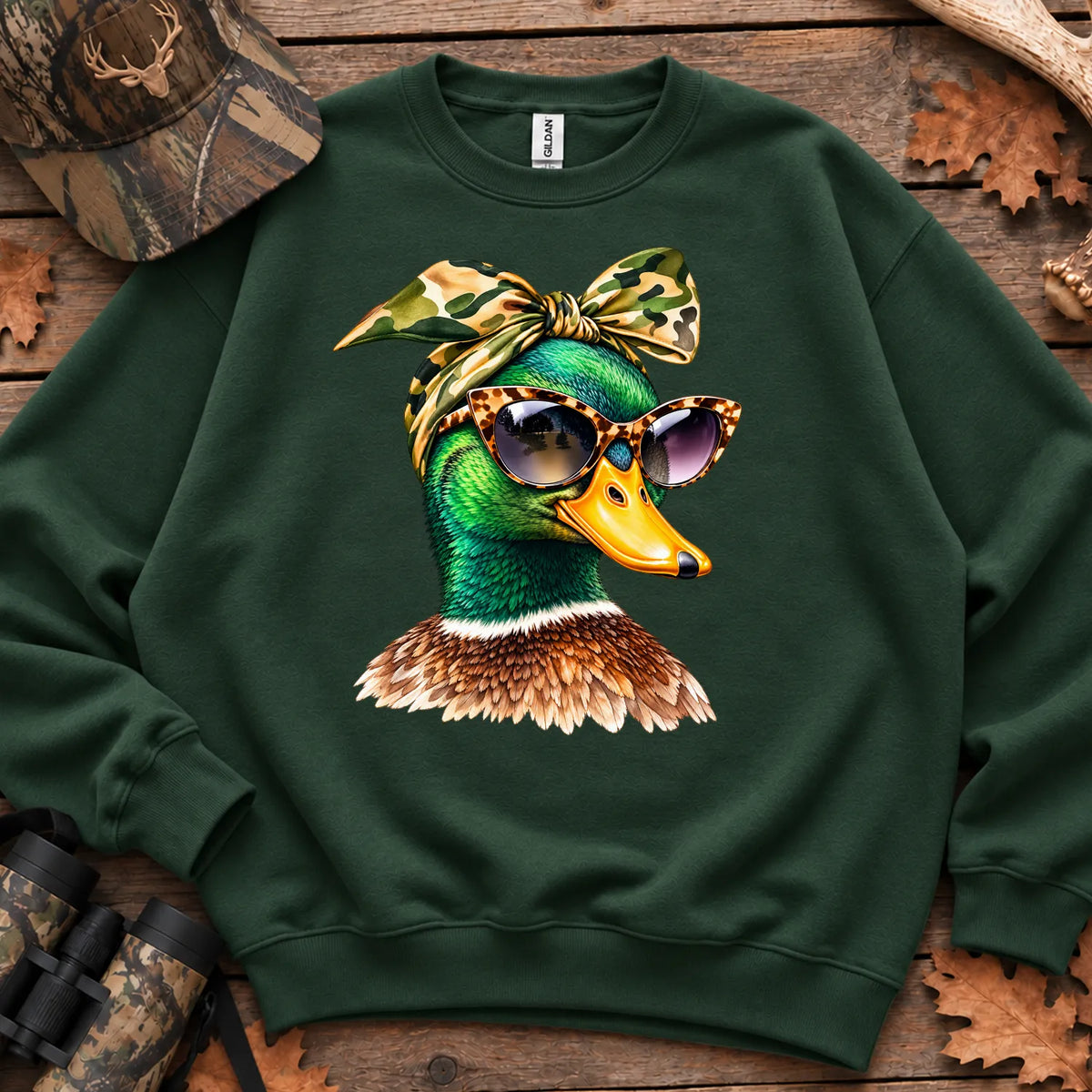 Funny Glam Mallard Duck Sweatshirt in Forest Green