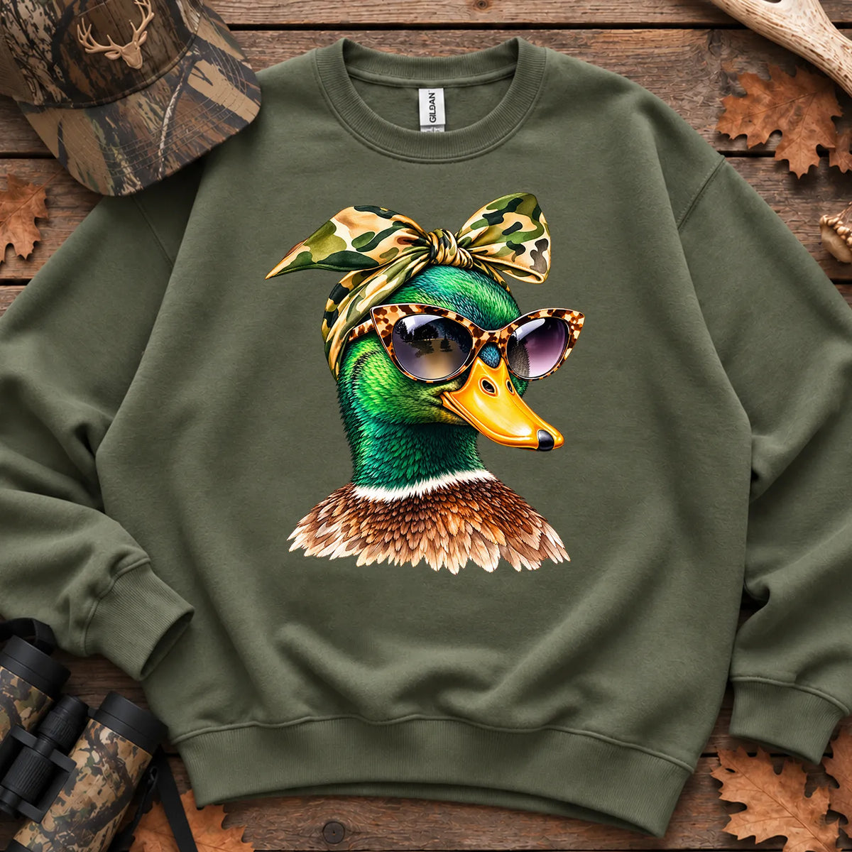 Funny Glam Mallard Duck Sweatshirt in Military Green