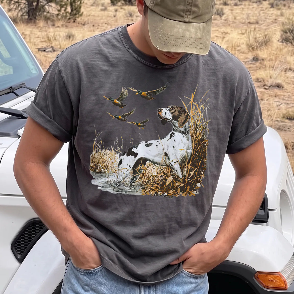 German Shorthaired Pointer Duck T-Shirt Men model in Pepper