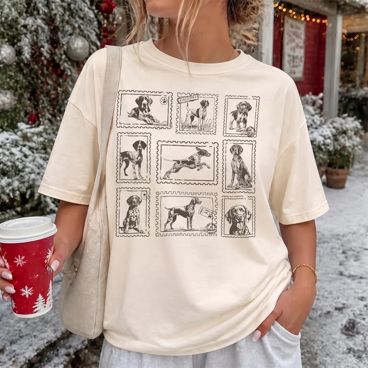 German Shorthaired Pointer Stamp T-Shirt Women model in Ivory