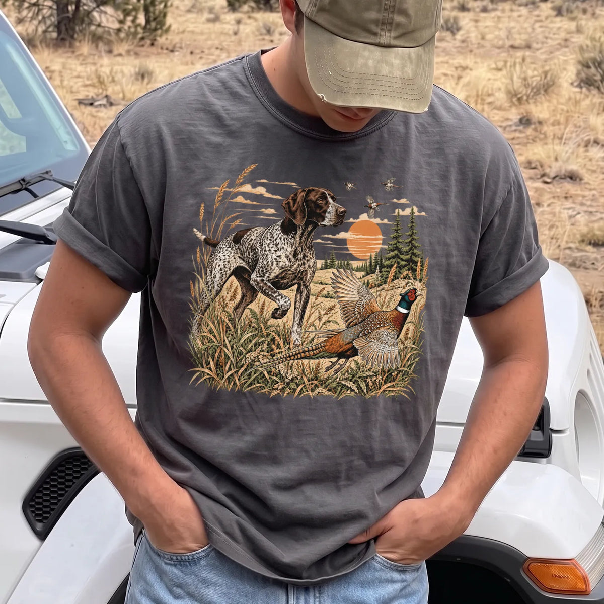 German Shorthaired Pointer T-Shirt Men model in Pepper