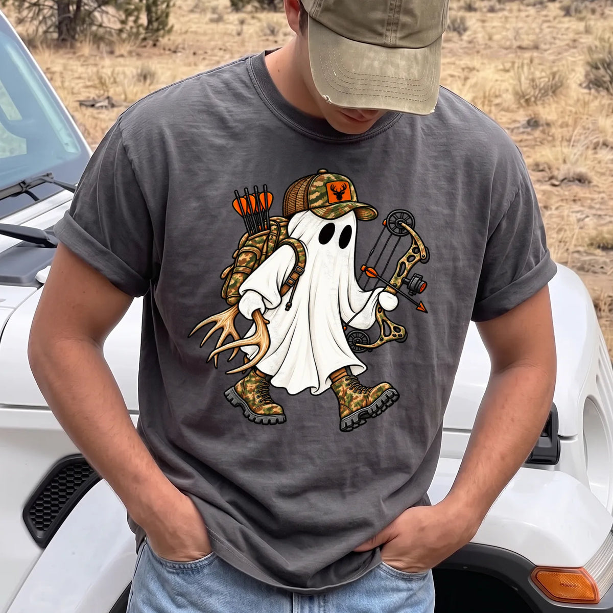 Ghost Bow Hunter T-Shirt Men model in Pepper