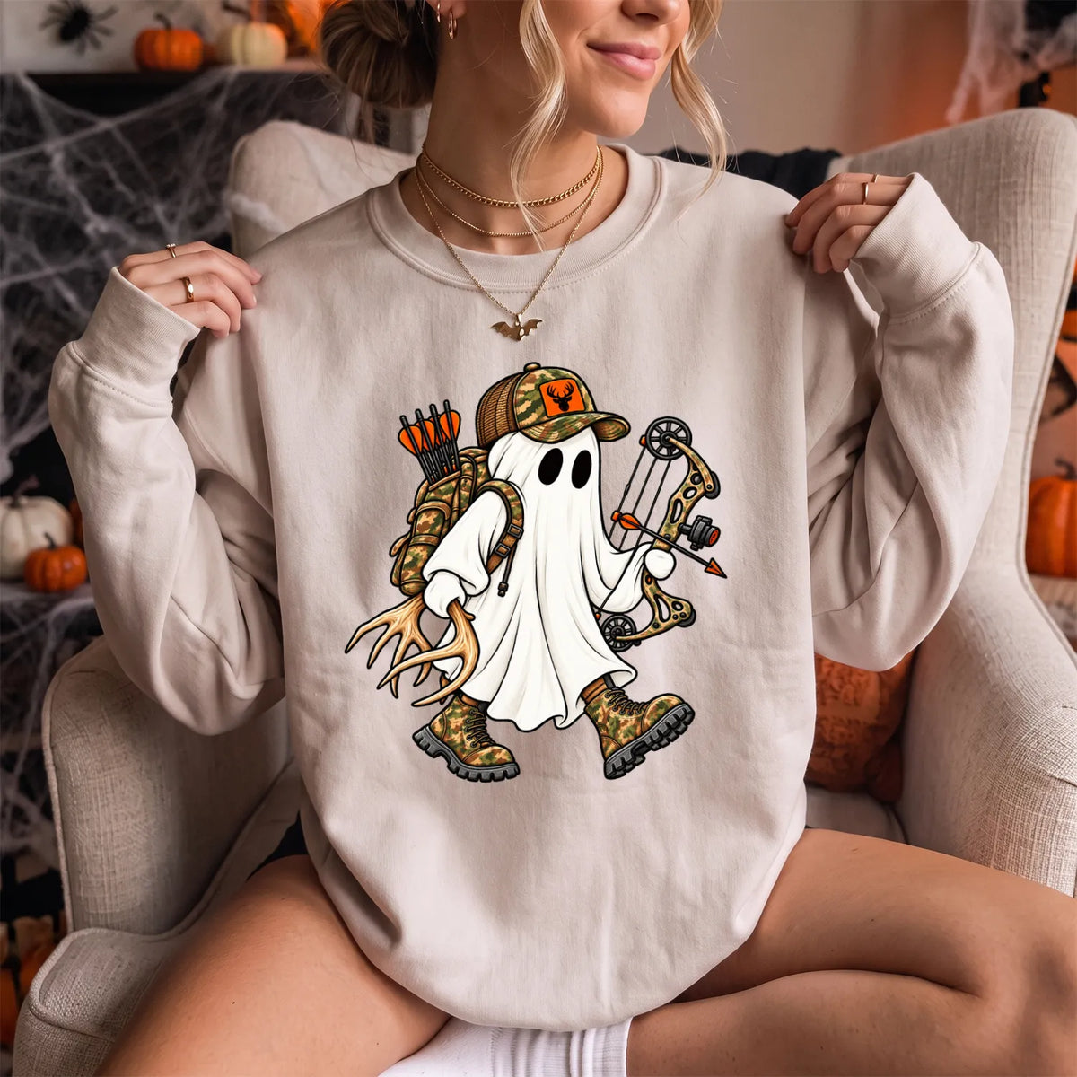 Ghost Hunter Sweatshirt Women model in Sand