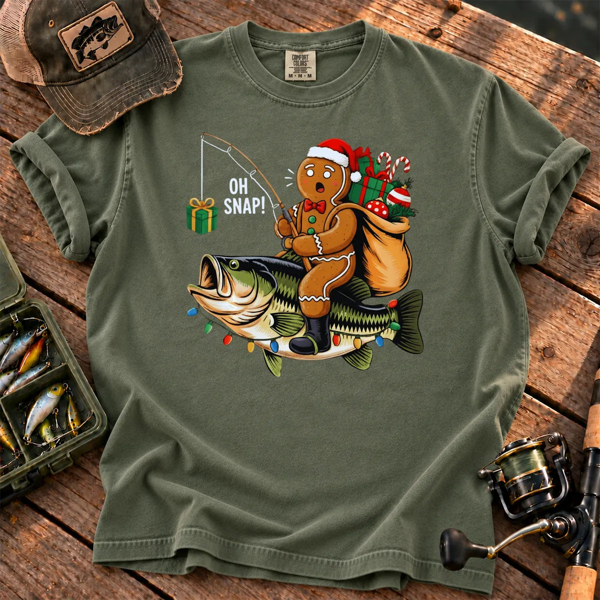 Gingerbread Bass Fishing T-Shirt in Moss