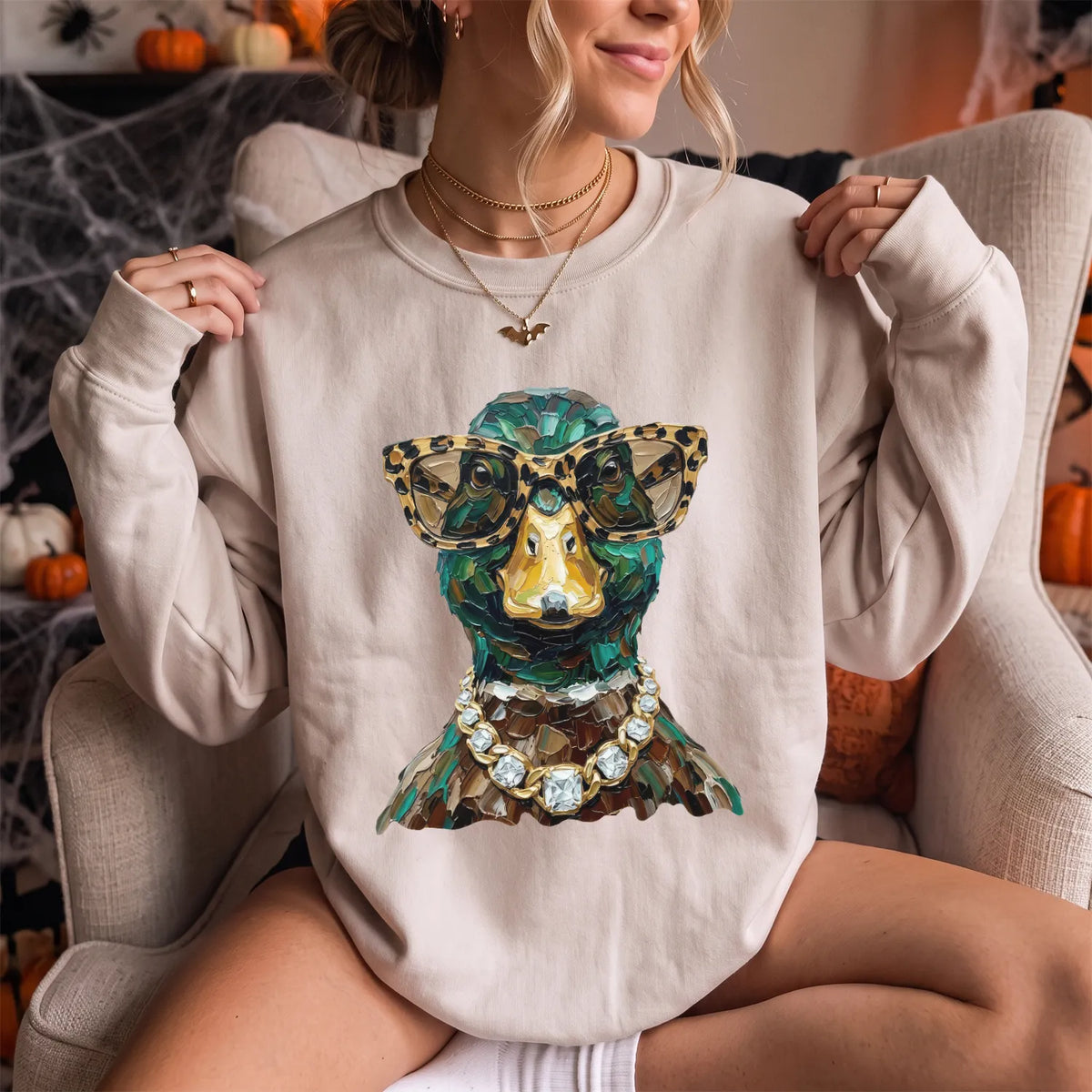 Glam Mallard Duck Sweatshirt Women model in Sand