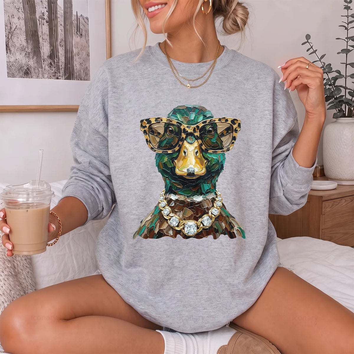 Glam Mallard Duck Sweatshirt Women model in Sport Grey