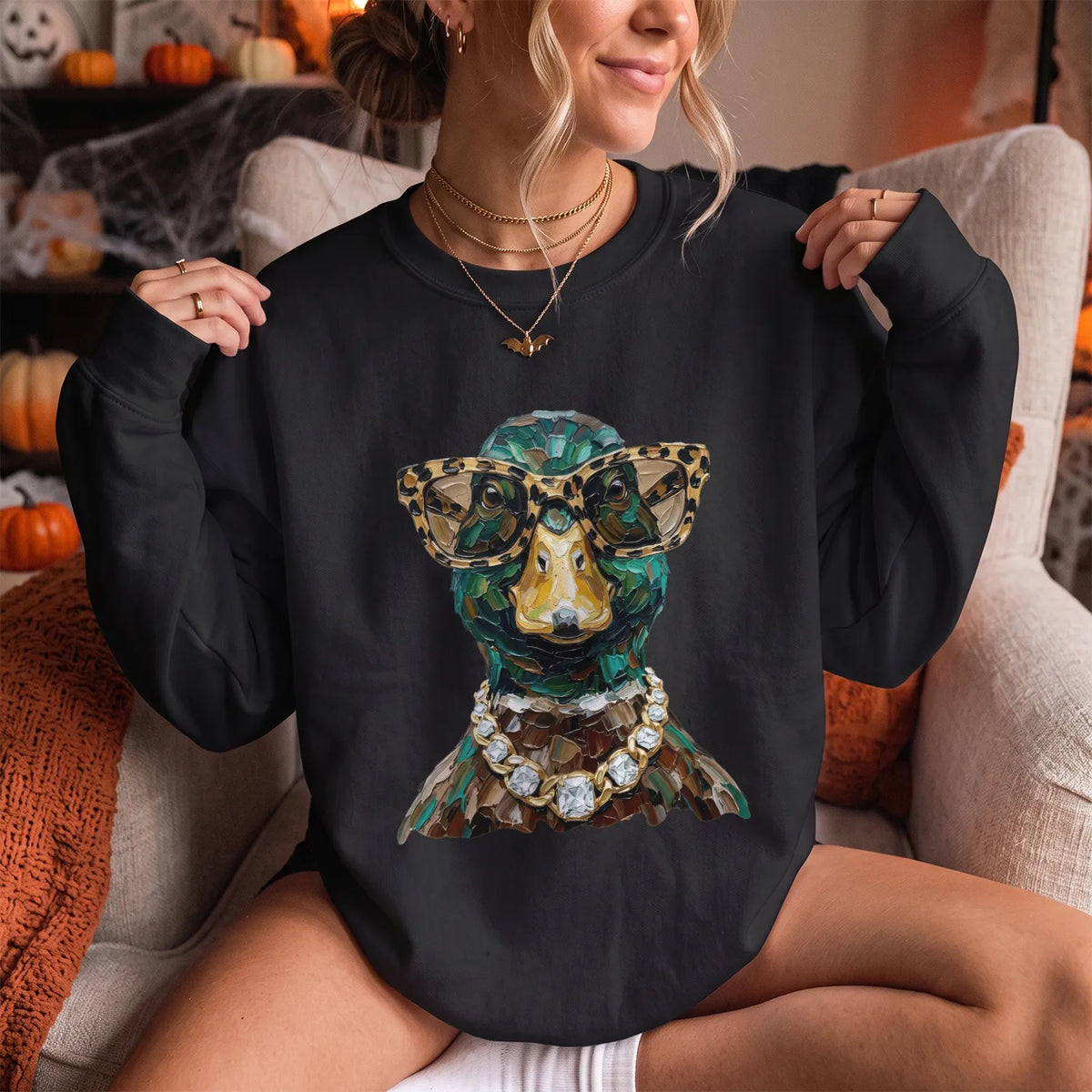 Glam Mallard Duck Sweatshirt Women model in Black