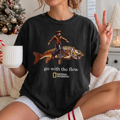 Go With the Flow Cowboy Fish T-Shirt Women model in Black