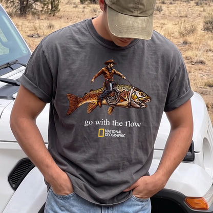 Go With the Flow Cowboy Fish T-Shirt Men model in Pepper