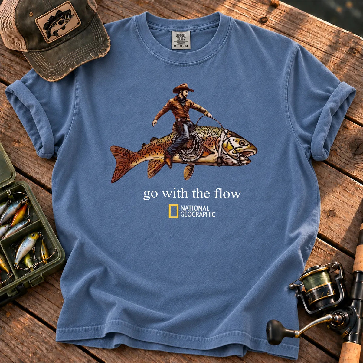 Go With the Flow Cowboy Fish T-Shirt in Blue Jean