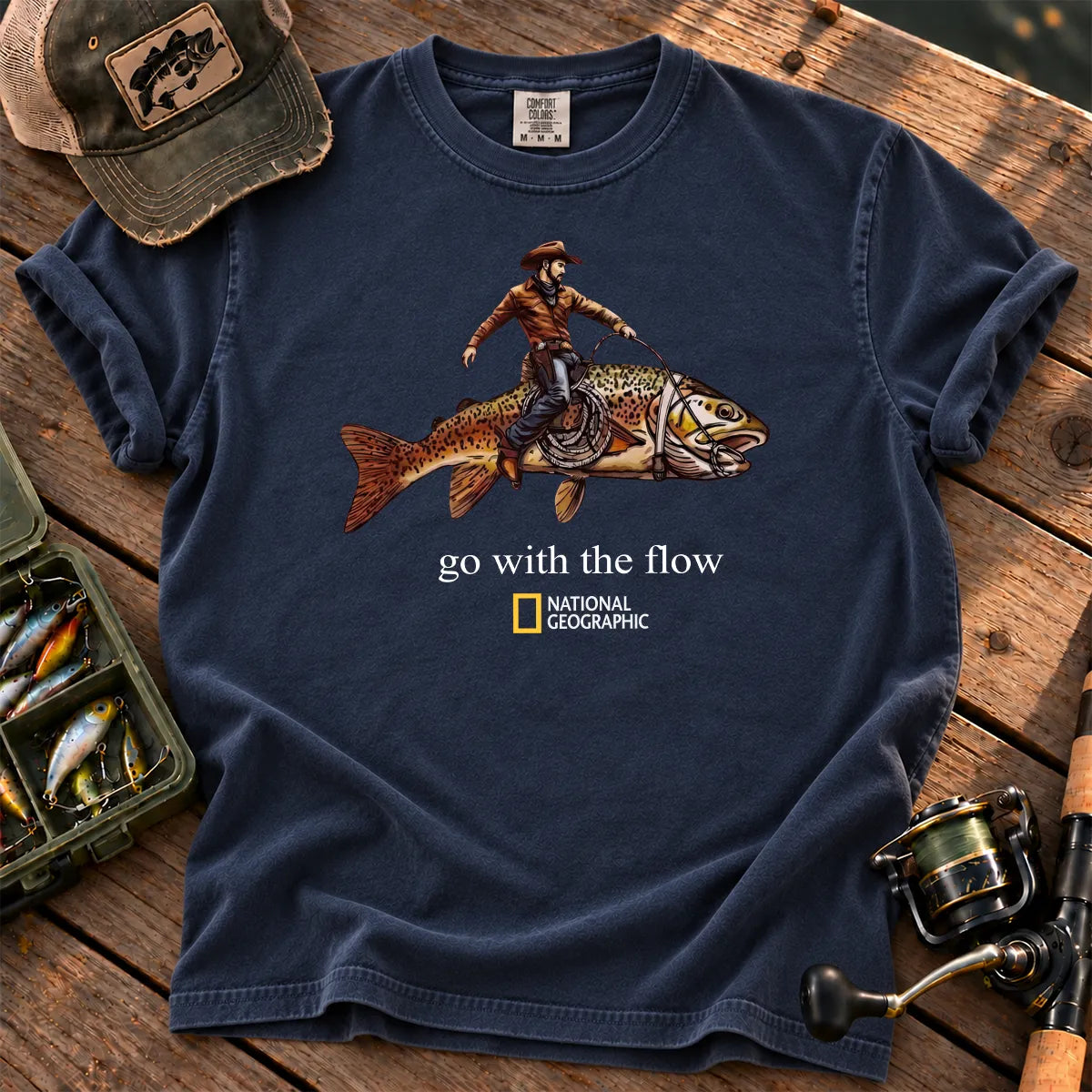 Go With the Flow Cowboy Fish T-Shirt in True Navy