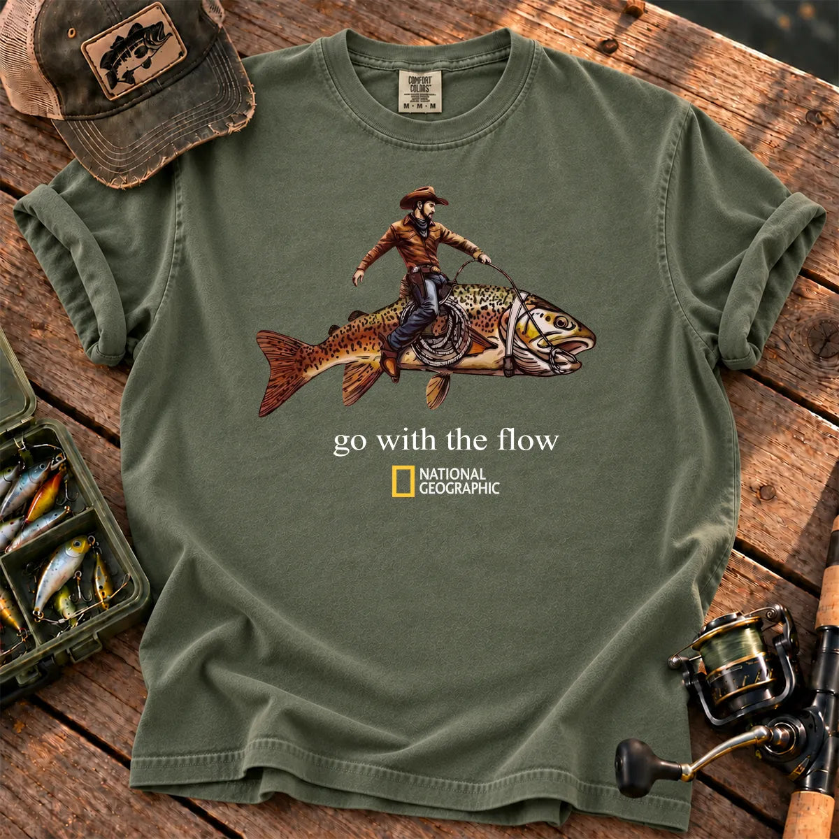 Go With the Flow Cowboy Fish T-Shirt in Moss