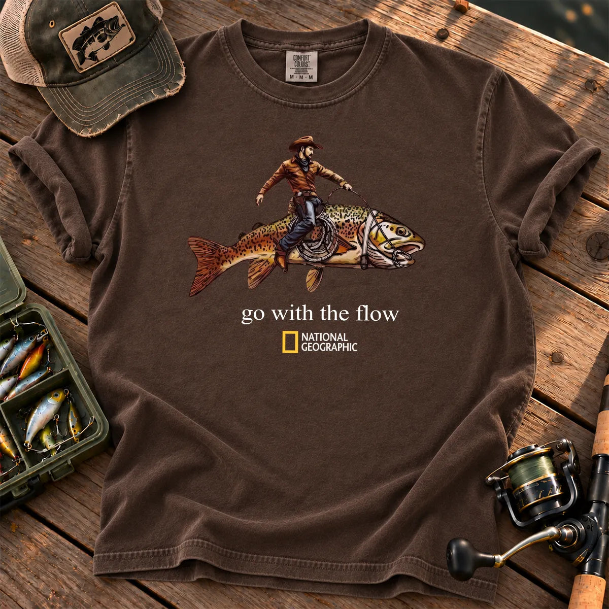 Go With the Flow Cowboy Fish T-Shirt in Espresso