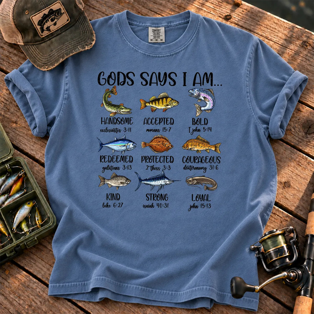 God Says I Am Fishing T-Shirt in Blue Jean