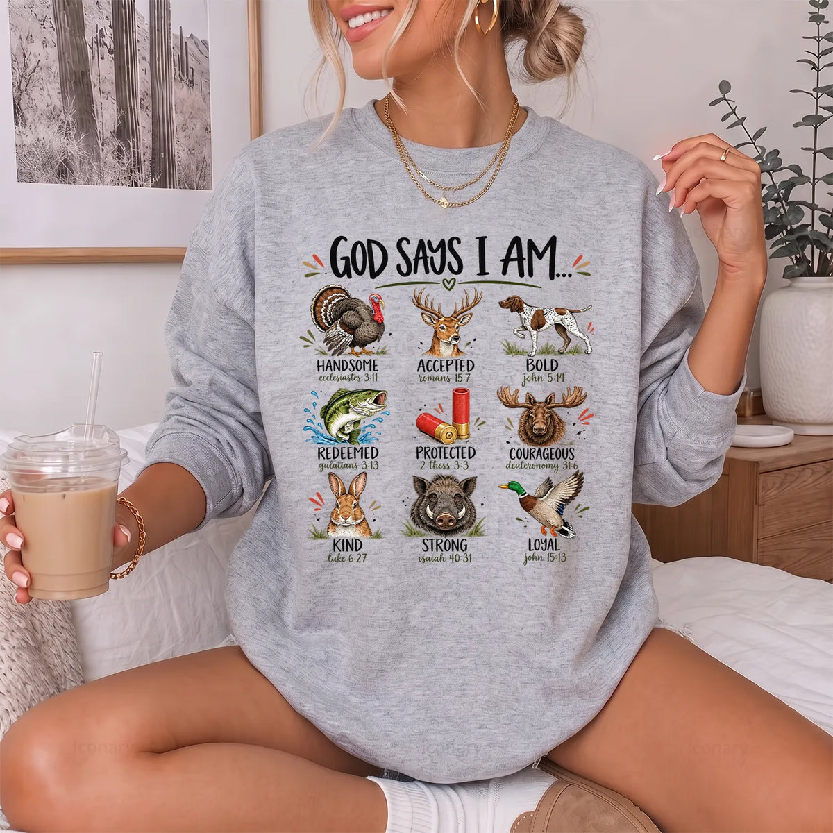 God Says I Am Hunting Sweatshirt Women model in Sport Grey