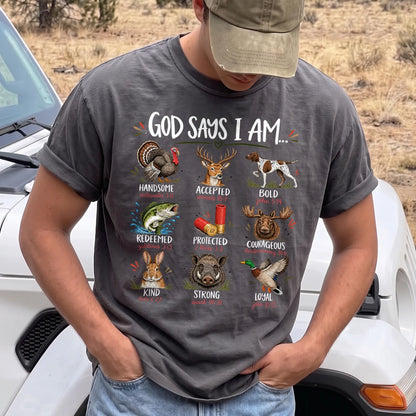 God Says I Am Hunting T-Shirt Men model in Pepper