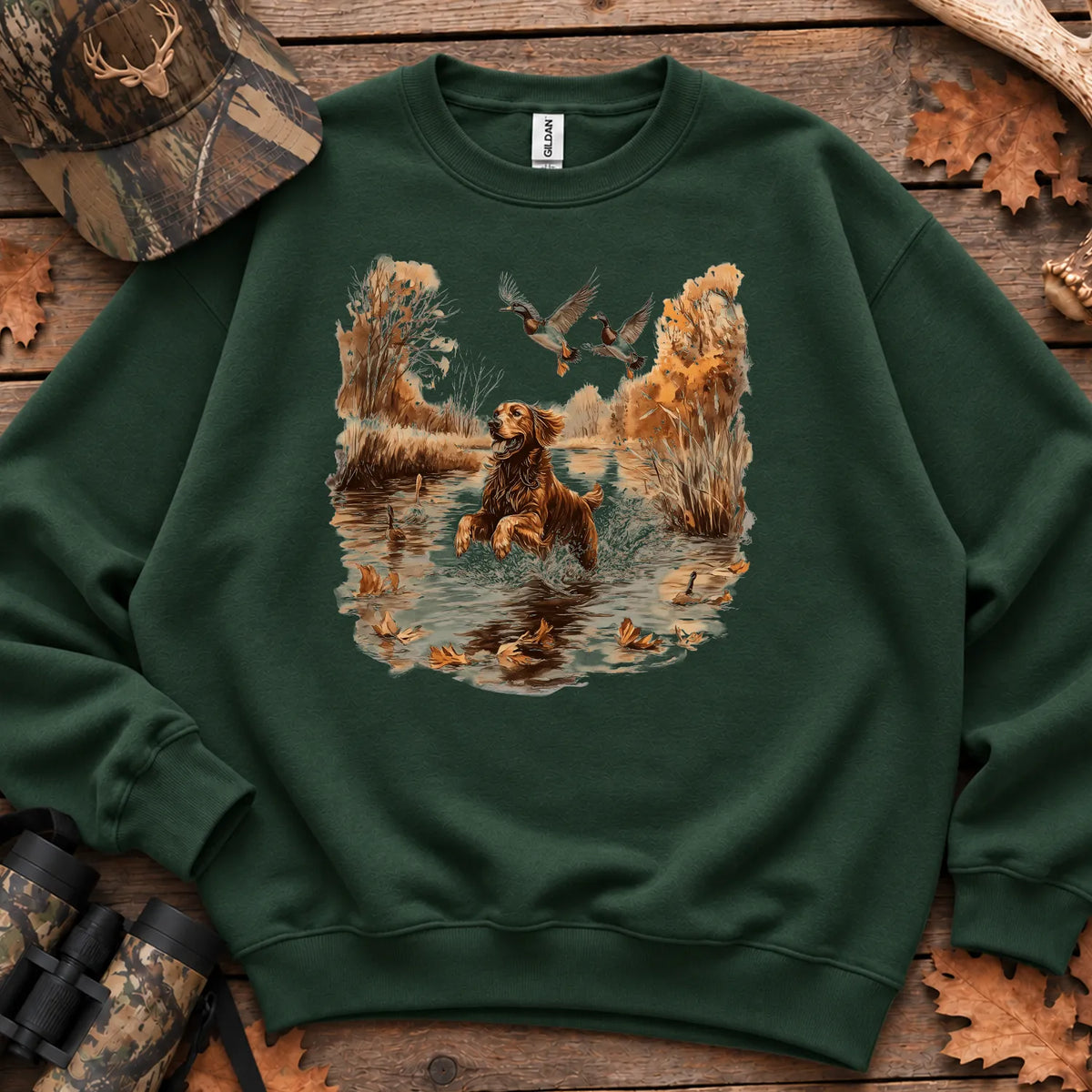 Golden Retriever and Mallards Sweatshirt in Forest Green
