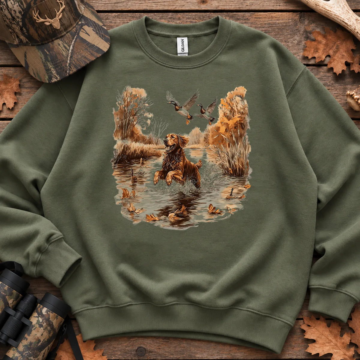 Golden Retriever and Mallards Sweatshirt in Military Green