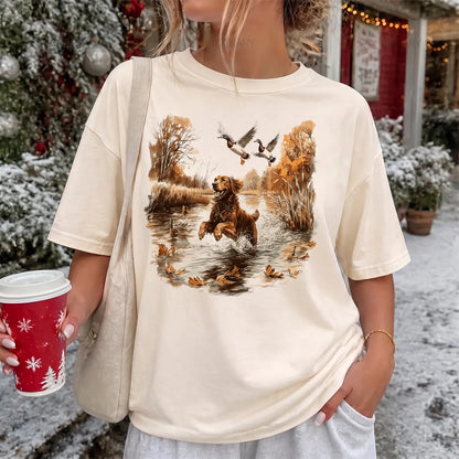 Golden Retriever Duck Hunting T-Shirt Women model in Ivory