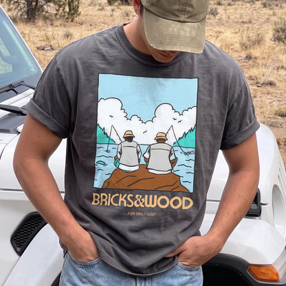 Gone Fishing Friends T-Shirt Men model in Pepper