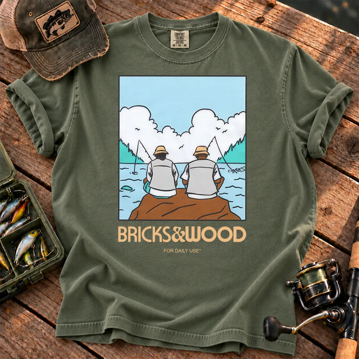 Gone Fishing Friends T-Shirt in Moss