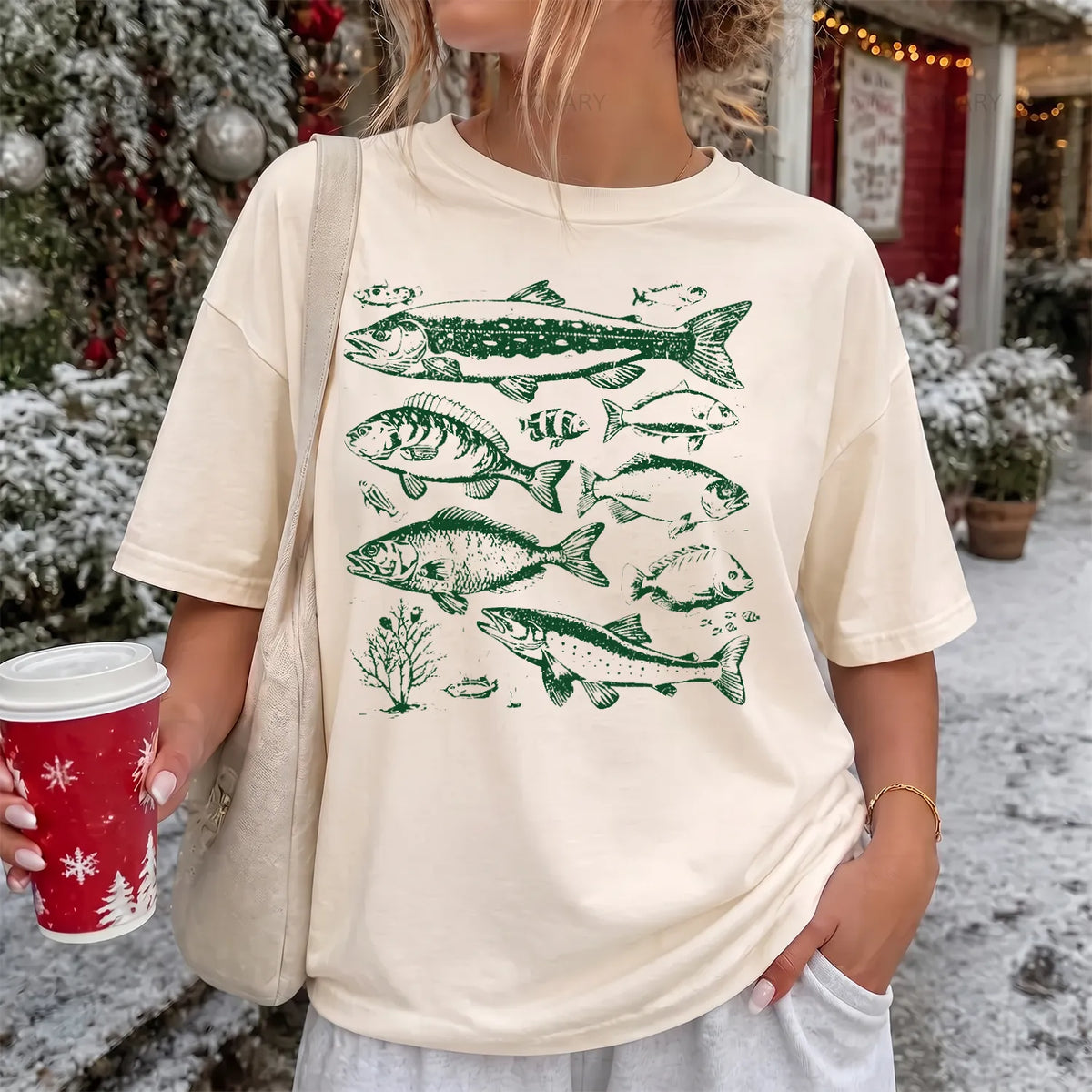 Green Freshwater Fish T-Shirt Women model in Ivory