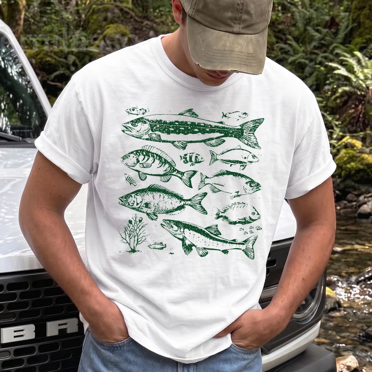 Green Freshwater Fish T-Shirt Men model in White
