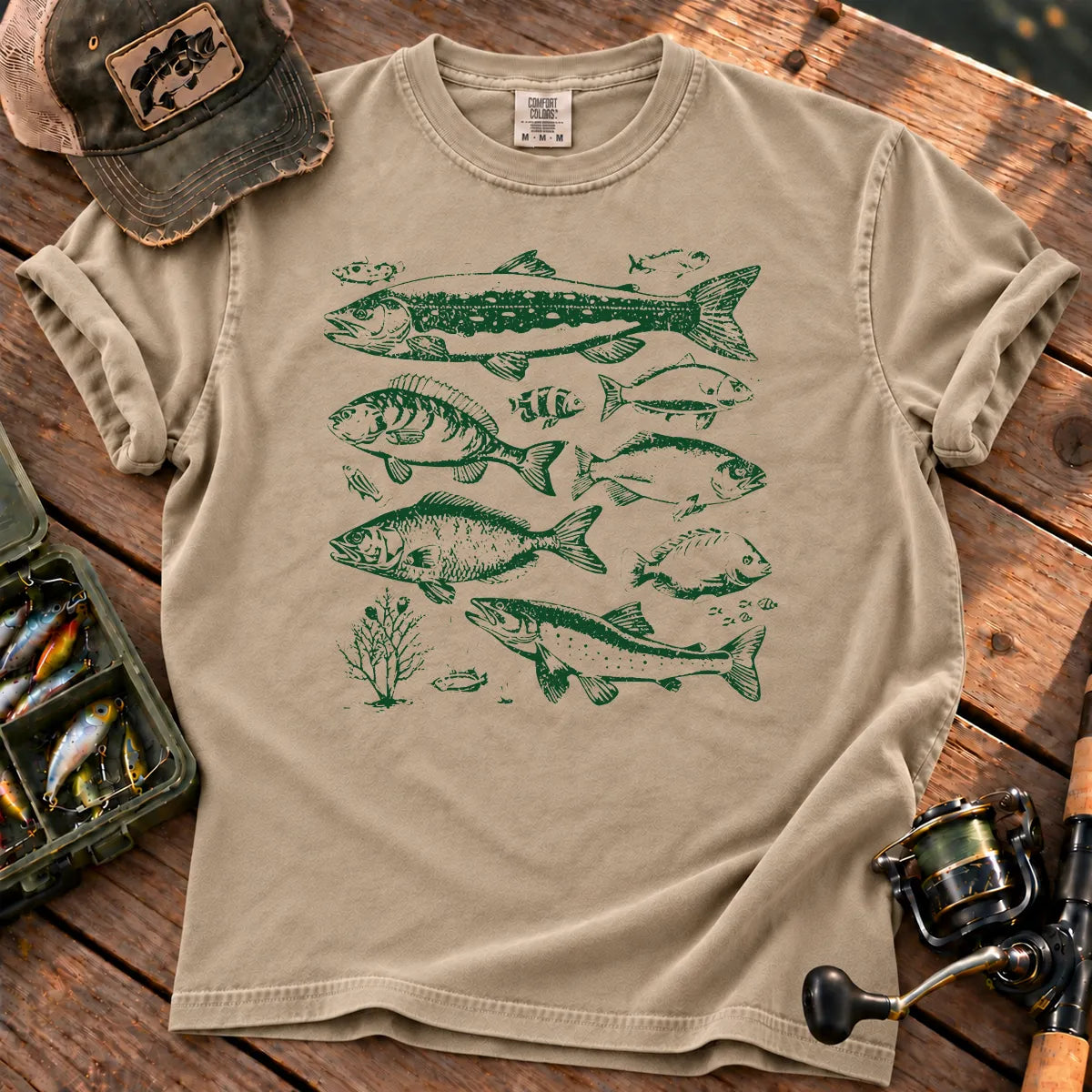 Green Freshwater Fish T-Shirt in Sandstone